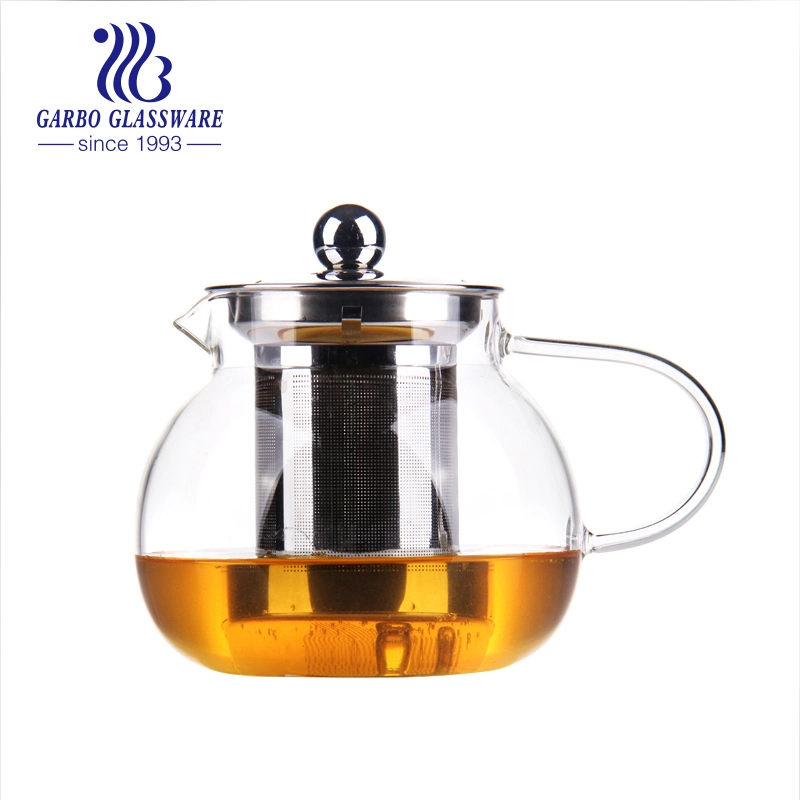 Wholesale 780ml Heat Resistant High Borosilicate Glass Tea Pot with Customized Decal Coffee Pot with Stainless Steel Infuser Plastic Lid