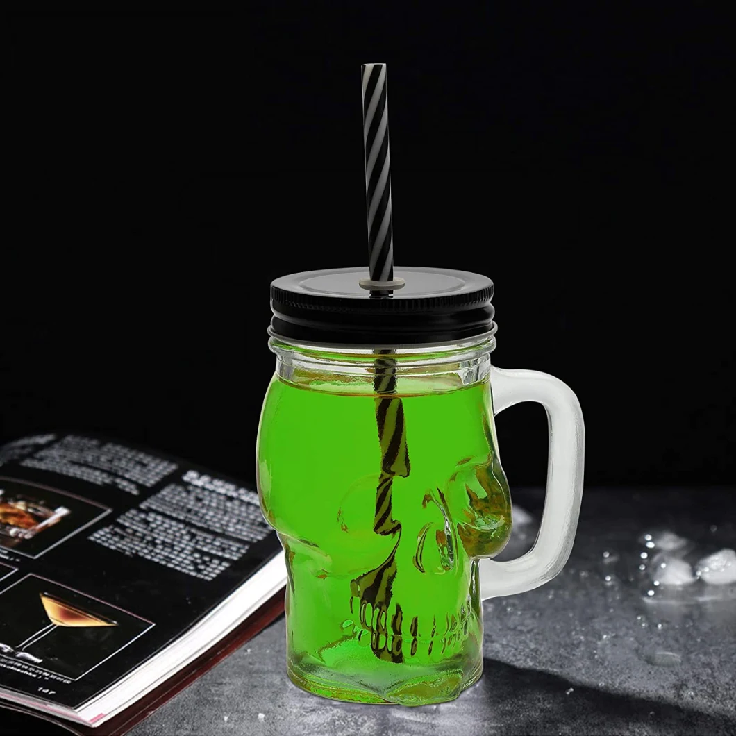 Wholesale High Quality 12oz 480ml Skull Glass Mason Jar Mug Jug with Handle with Straw for Jucie Ice Water Beer Bar and Home Bar Drinking