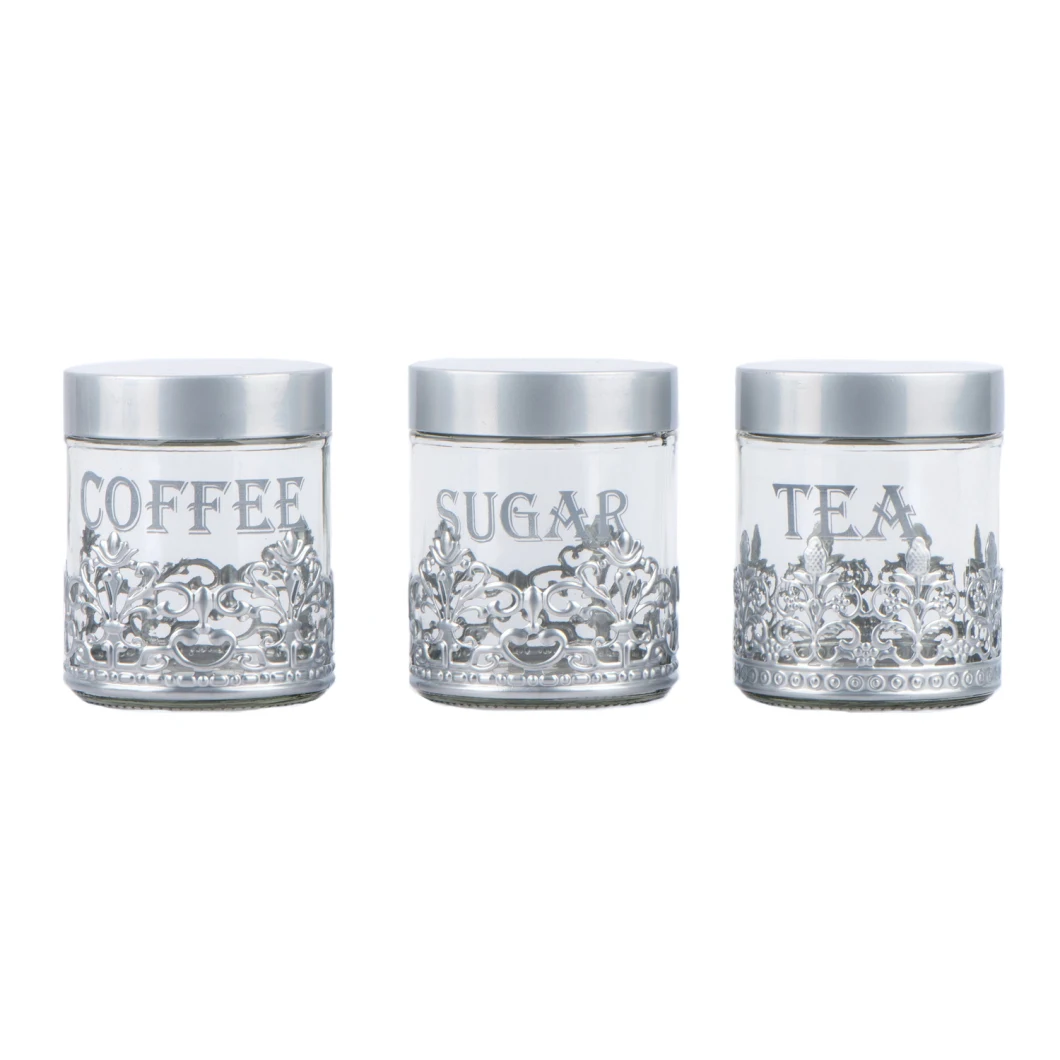 Glass Food Storage Canister for Pasta Coffee Sugar Tea with Metal Decoration