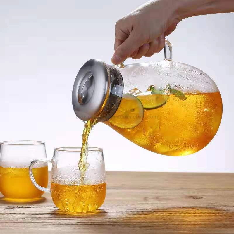 Glass Tea Pot Drinking Pitcher Stainless Steel Lid Lemon Fruit Water Pot Set Beverage Water Jug