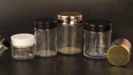 32オンス、16オンス、12オンス、8オンス、6オンス、4オンス、3オンス、2オンス、1オンスの透明な円筒形のスパイスと蜂蜜の瓶、黒いプラスチック製のスクリューキャップ付き